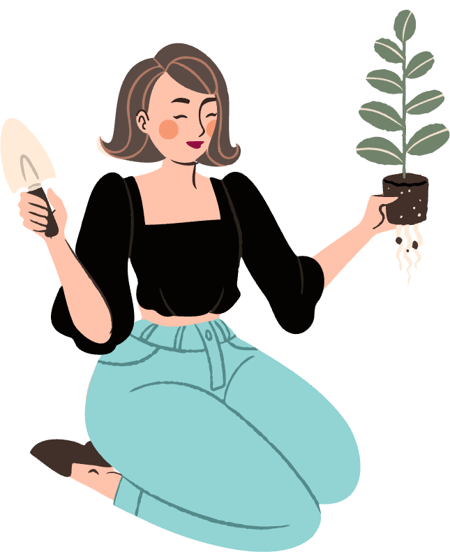 Illustration of Grace Lee holding a potted plant and a trowel